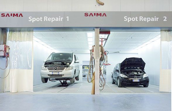 Aire de préparation pour carrosserie - SAIMA Meccanica - zones optimisées avec soubassement métallique et rampe pneumatique en option_0