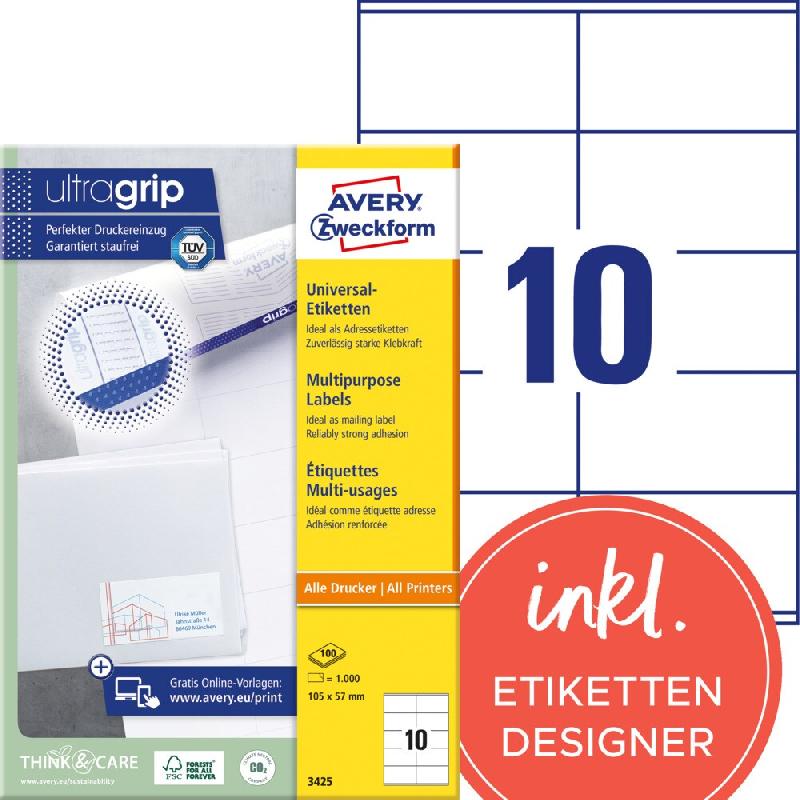 Avery Zweckform 1000 étiquettes multi-usages blanches, format 105 x 57 mm (100 feuilles A4 / cdt - blanc papier 3425_0