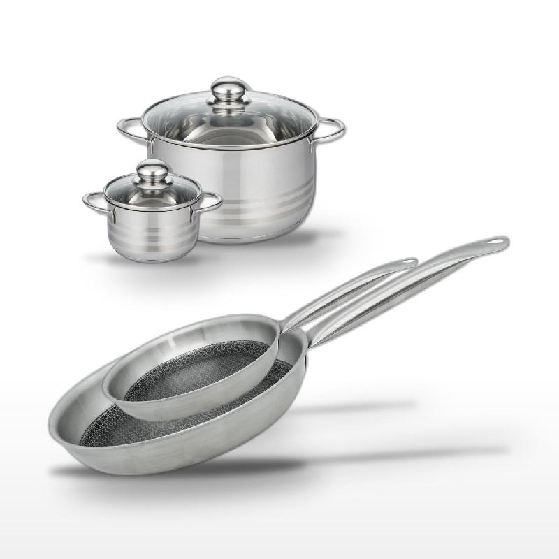 Batterie de cuisine avec 2 poêles 24/28 cm et 2 faitouts 12/24 cm en inox sans PFAS Elo Collection Relief Solution Brillant - gris 3176239941371_0