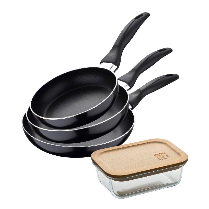 BERGNER - Set 3 Poêles aluminium Pressé Ø16/20/24cm Compatible Induction Navy Black avec Boîte Hermétique de 650 ml en Verre Borosilicate NATURAL_0
