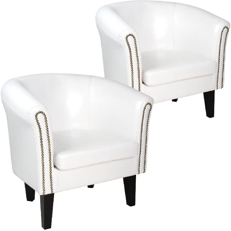 LOT DE 2 FAUTEUILS CHESTERFIELD EN SYNTHÉTIQUE ET BOIS AVEC ÉLÉMENTS DÉCORATIFS EN CUIVRE 58 X 71 X 70 CM CHAISE CABRIOLET MEUBLE DE SALON BLANC 01_0000112_0