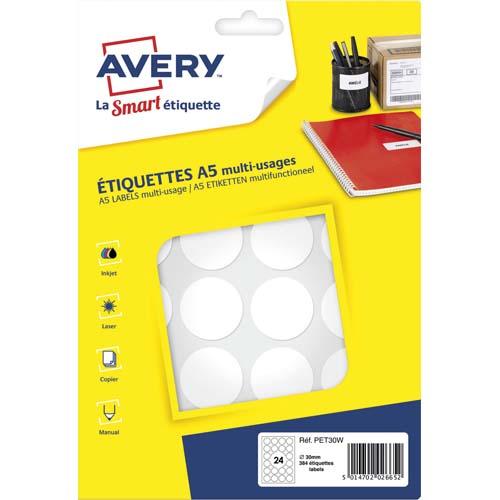 Avery sachet de 384 pastilles ø30 mm. Imprimables. Coloris blanc._0