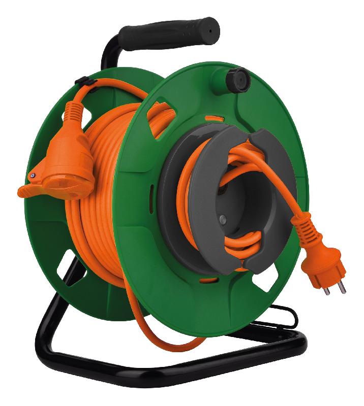 Enrouleur jardin étanche IP44 - câble orange 3G1,5 mm² 20m avec prise 16A 2P+Terre à clapet & coupe circuit - Zenitech_0