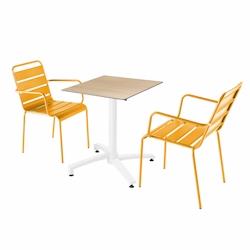 Oviala Business Ensemble table de terrasse stratifié chêne clair et 2 fauteuils jaune - jaune métal 110743_0