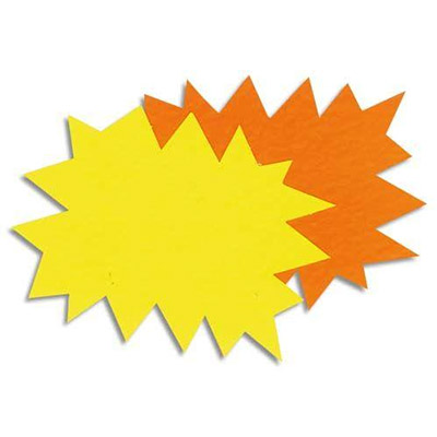 ETIQUETTES - CARTON - FLUO - FORME ÉCLATÉ - 8 X 12 CM - COLORIS JAUNE ET ORANGE - PAQUET DE 50