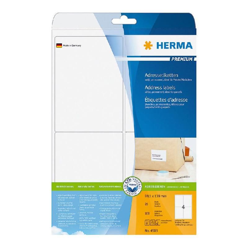 HERMA ETIQUETTE BLANCHE PREMIUM - HERMA - 99,1 X 139 MM - POCHETTE DE 100 ÉTIQUETTES