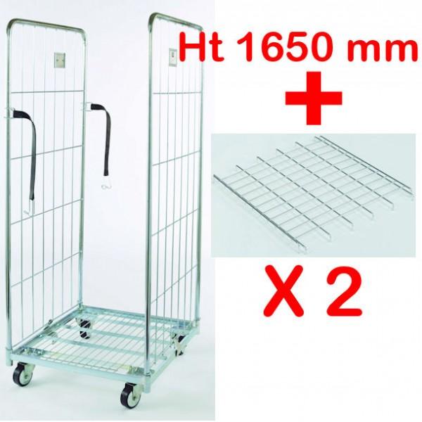 Roll-container vertical ECO - 2 côtés avec 2 étagères - roues en nylon et zingué antirouille_0
