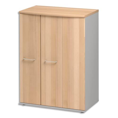 Armoire mi-haute GAUTIER OFFICE - 3 portes pleines, double coulissante Jazz, hêtre et gris clair, L80 x H114/112 x P48 cm_0