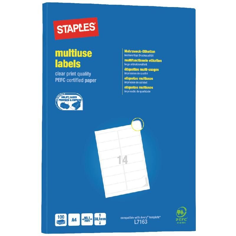 STAPLES ETIQUETTE MULTI-USAGES BLANCHE - STAPLES - 38,10 X 99,1 MM - BOÎTE DE 1400 ÉTIQUETTES