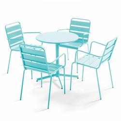 Oviala Business Ensemble table de terrasse et 4 fauteuils métal turquoise - Oviala - bleu acier 109203_0