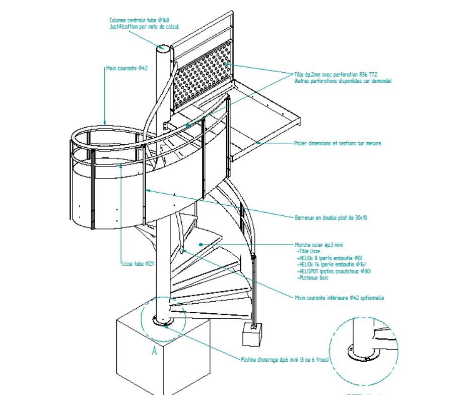 Escalier hélicoïdal Totem Tube - diamètre colonne centrale 168 mm - garde-corps avec lisse débillardée et tôle perforée_0