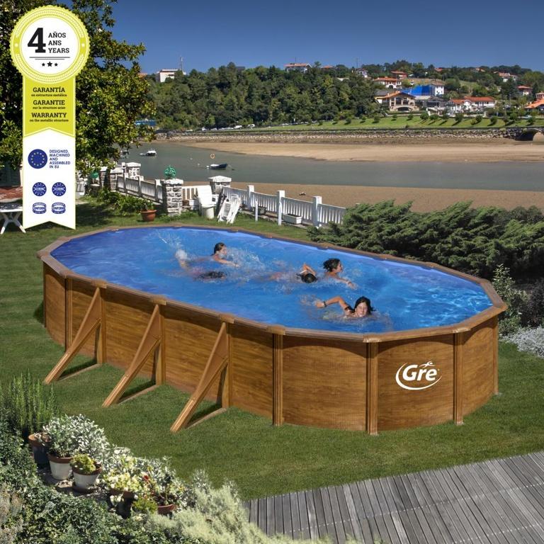 Piscine ovale acier 7,44m x 3,99m x h: 1,22m - imitation bois - filtration à sable - renforts apparents_0