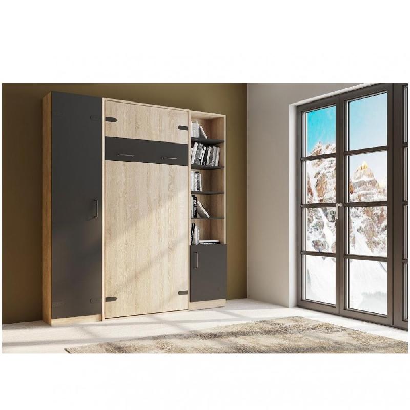 Composition lit escamotable style industriel KEY - bi-ton chêne noir mat 90x200 cm - L205 cm avec colonnes de rangement_0