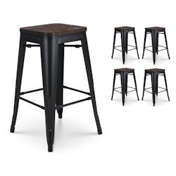 Kosmi Lot de 4 tabourets de bar en métal noir mat style industriel et assise en bois foncé - Hauteur 66cm - 3770012198992_0