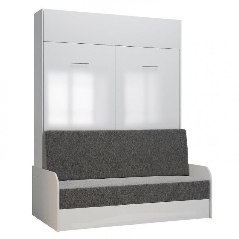 ARMOIRE LIT ESCAMOTABLE DYNAMO SOFA ACCOUDOIRS FAÇADE BLANC BRILLANT CANAPÉ GRIS 140*200 CM_0