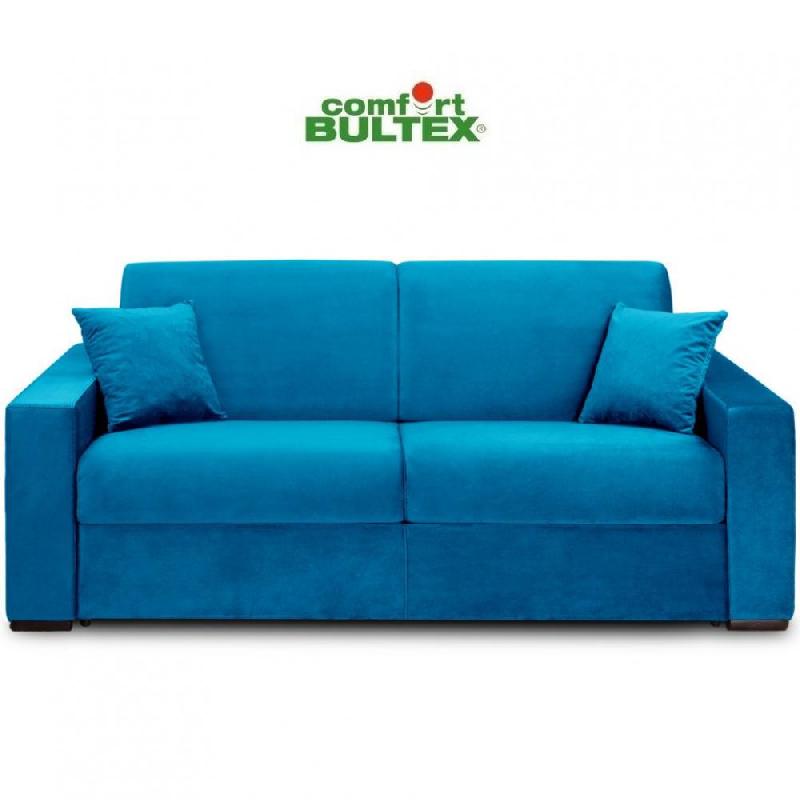 Canapé convertible express VOLOUTO - Matelas comfort BULTEX® 16 cm - Sommier lattes RENATONISI - Velours bleu azur - Couchage 140 x 195 cm_0