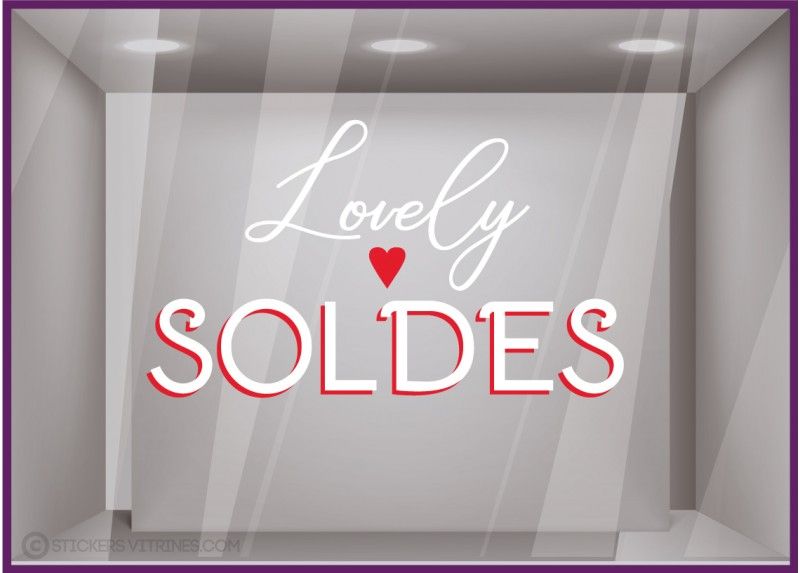 Sv860 L57 x H33 - Adhésif pour vitrine - Stickers vitrines - Lettrage manuscrit 'Lovely Soldes' avec motif cœur - Dimensions 57 x 33 cm_0