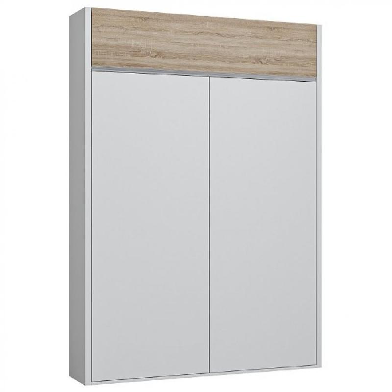 Armoire lit escamotable Aladyno - Blanc mat et bandeau chêne - 140x200 cm avec système d'ouverture assistée_0