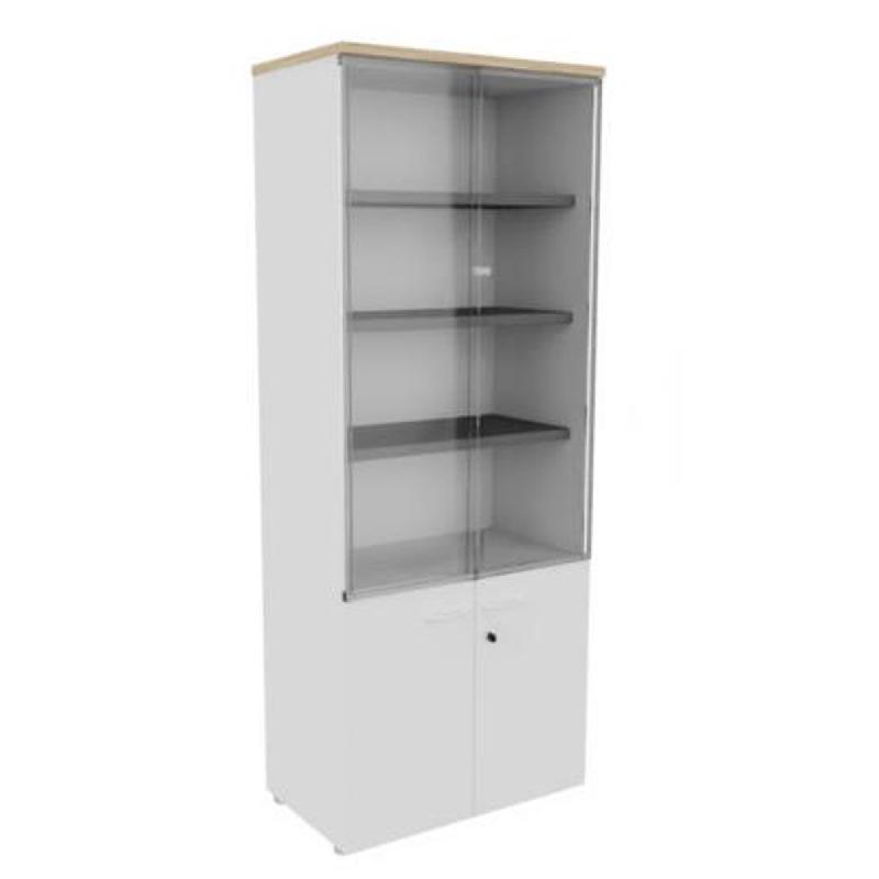 BIBLIOTHEQUE HAUTE NF ENVIRONNEMENT PORTES BASSES ET VITRINE H.203 CM X L.80 CM BLANCHE - TOP CHENE