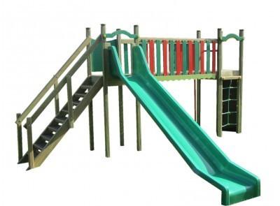 La passerelle aventurière - Structure de jeux en bois avec toboggan, filet de grimpe et barre de pompier pour les 3 à 8 ans_0