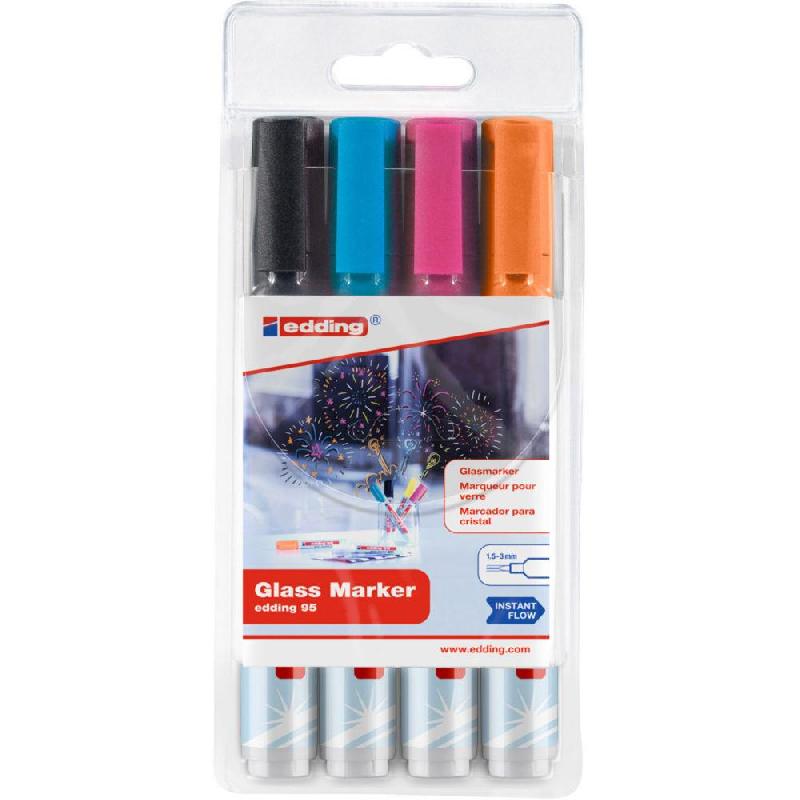 MARQUEUR EDDING 95 POUR TABLEAU EN VERRE POINTE OGIVE DE 1,5 A 3 MM - POCHETTE DE 4 ASSORTIS