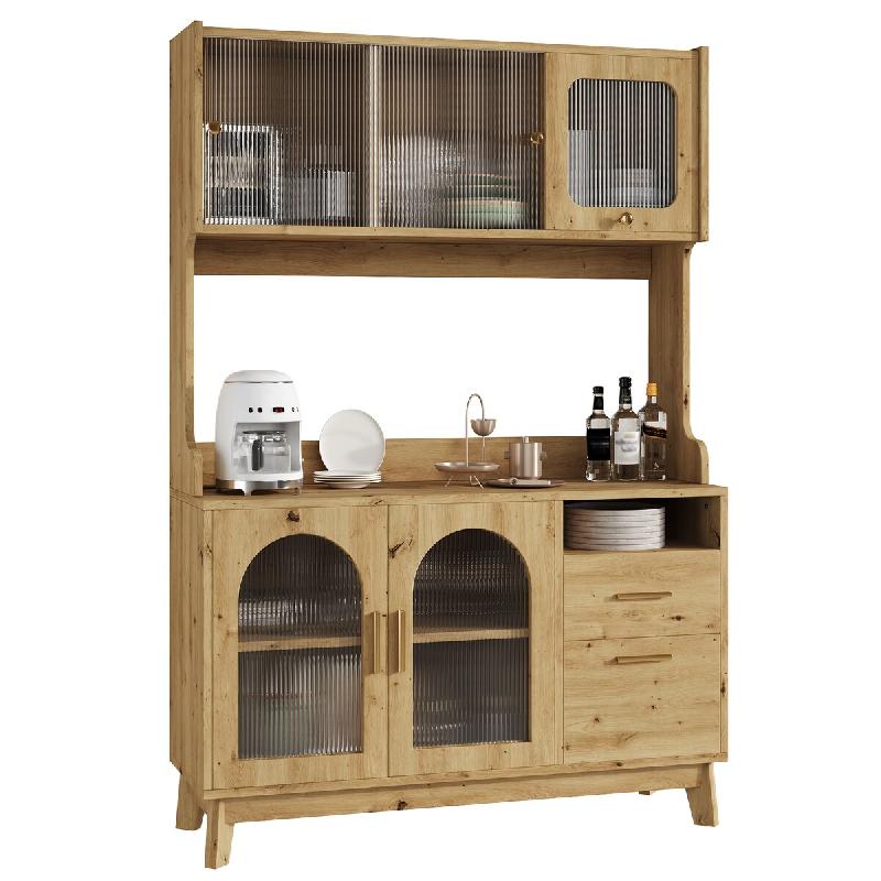 Merax Buffet 120 x 40 x 178 cm, meuble de cuisine et vitrine aspect bois avec façade acrylique, prises, USB-A/USB-C - multi-matériau N634D0054N_0