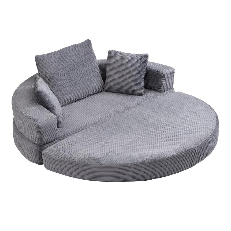 Merax Canapé et lit modulaires 2 en 1 – Salon rond, canapé-lit pliant multifonctionnel désossé avec 3 oreillers, velours côtelé, gris clair -_0