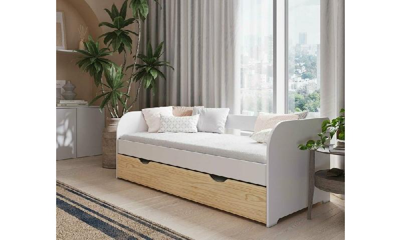 PACK LIT BANQUETTE GIGOGNE FLOCON + 2 MATELAS  BLANC ET BOIS 80X190 CM/OPT:MATELAS ARNO LATEX