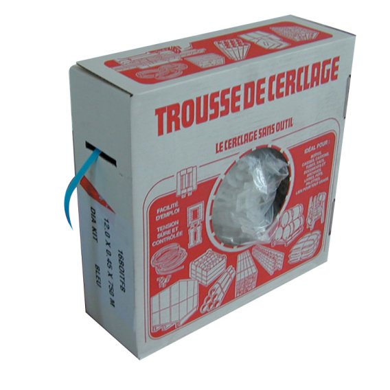 Trousse de cerclage polypropylène - bobine de feuillard PP bleu 12 x 0,50 mm - 750 m - 16BOITFB_0