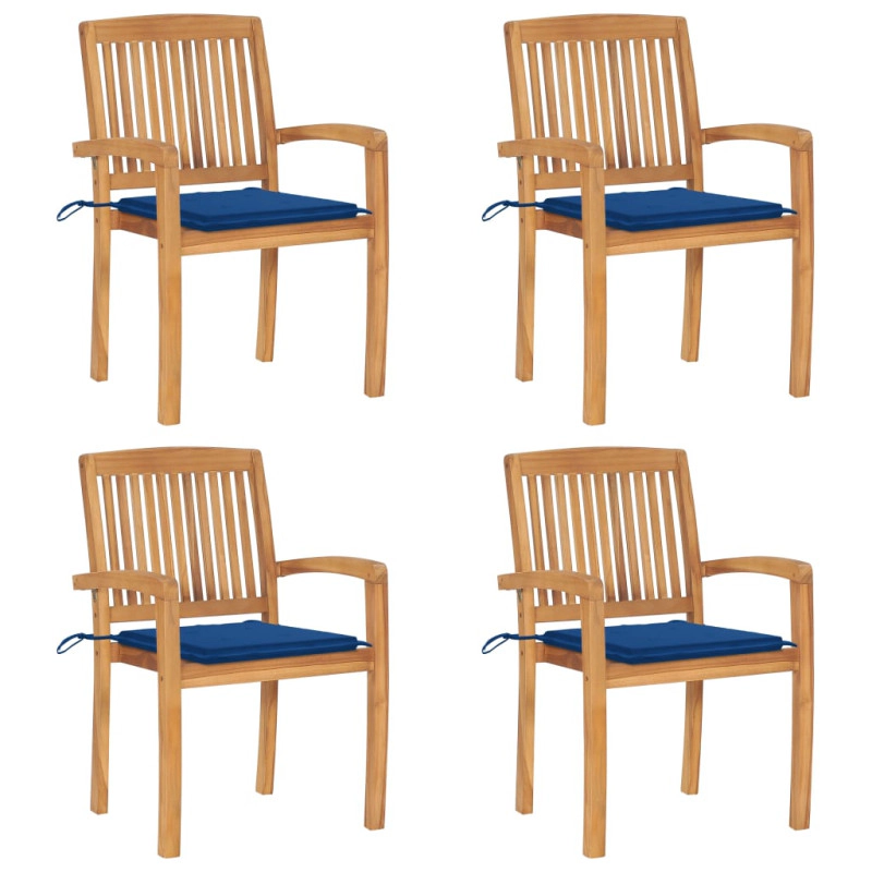 VidaXL Chaises De Jardin Empilables Avec Coussins Lot De 4 Teck Solide - bleu 3073220_0