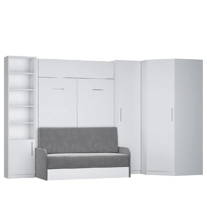 COMPOSITION LIT ESCAMOTABLE BLANC MAT DYNAMO SOFA CANAPÉ + ACCOUDOIRS GRIS 2 COLONNES + ANGLE 140*200_0