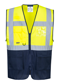 Gilet exécutif haute visibilité bicolore MeshAir jaune marine C377 - taille L - certifié CE, 7 poches, bandes réfléchissantes_0