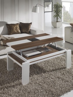 Table basse relevable blanc et noyer contemporaine LUCY - design moderne avec rangement pratique_0