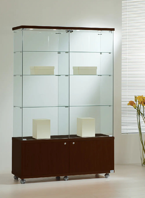 Vitrine éclairante en verre trempé 12/18LMVA - Finition wengé - 6 tablettes amovibles et meuble de rangement sécurisé_0