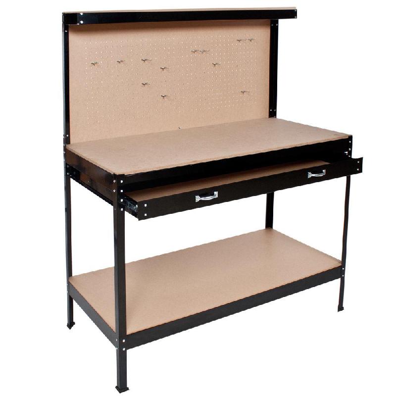 Établi bricolage atelier - acier noir 120 cm avec tiroir, paroi perforée et étagère - Helloshop26 2308182_0