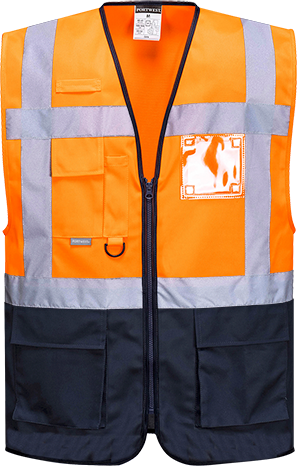 Gilet exécutive Warsaw orange marine C476 - taille L - bandes réfléchissantes - 7 poches - certifié CE et normes ISO_0