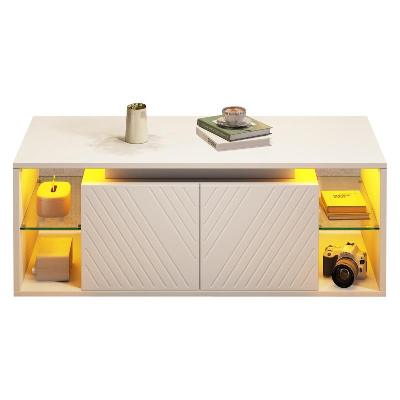 Merax Table basse avec App-LED, 2 portes et compartiments semi-ouverts, 100 x 50 x 41 cm, blanc/aspect bois - blanc Bois manufacturé N625P492602W_0