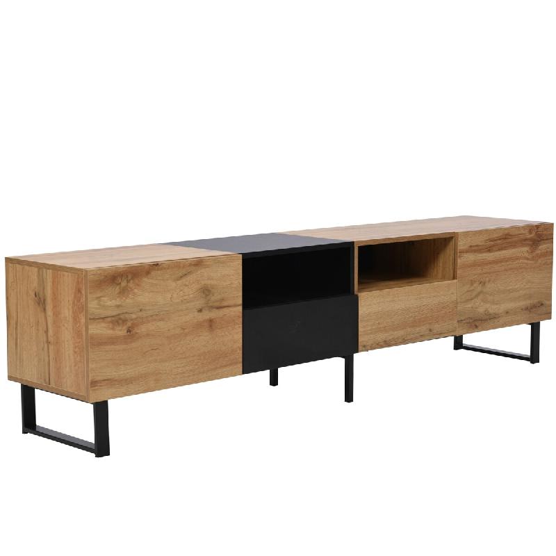 Meuble TV moderne Merax avec design couleur noir et bois – Espace de rangement spacieux, construction robuste - marron multi-matériau WF304203204AAF_0