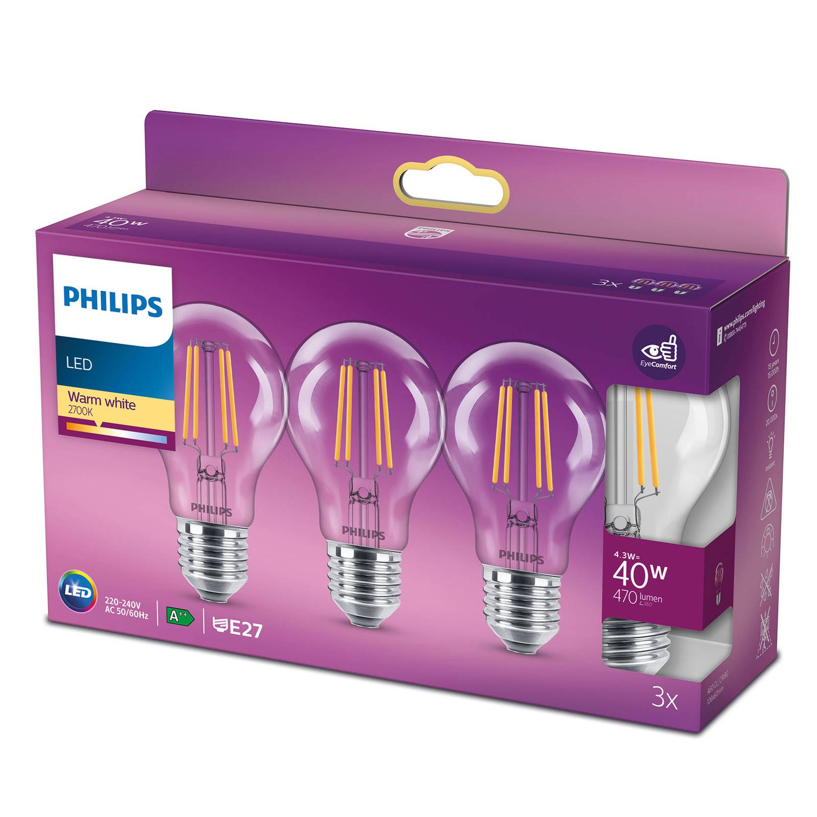PHILIPS LED CLASSIC E27 4,3 W 2 700 K CLAIRE X3