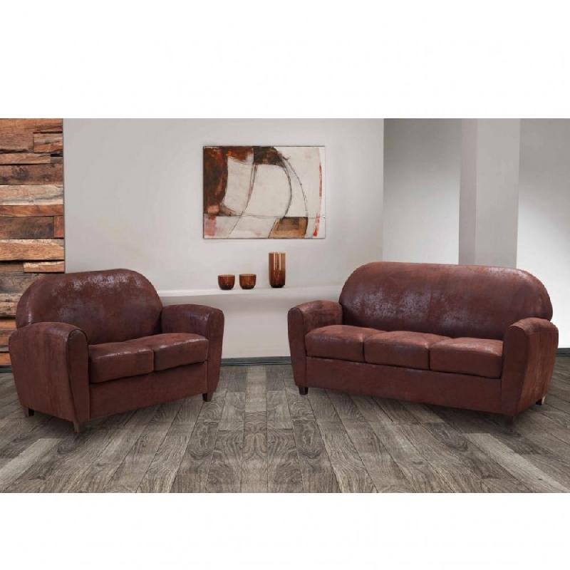 Salon Club Bufallo 2 places + 3 places - Canapés en microfibre vintage marron pour intérieur cosy_0