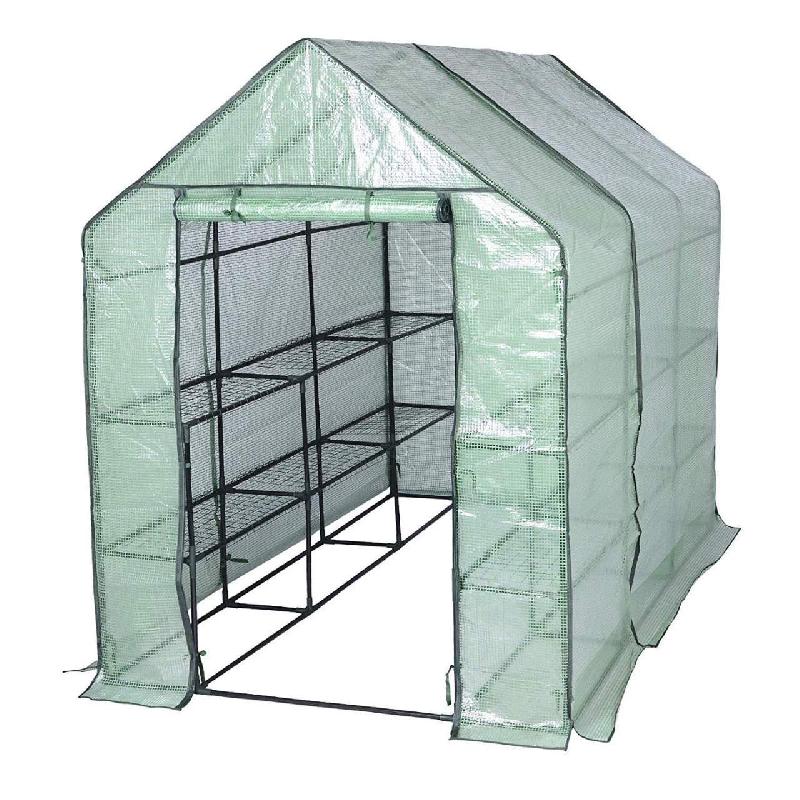 Serre de jardin avec étagères blanches - 143x215x195 cm - Cadre métal PE résistant UV - Réf : 19_0000968_0
