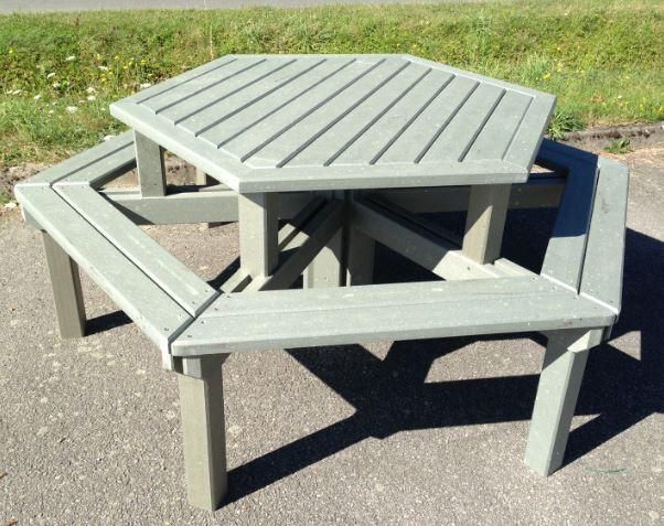 Table pique-nique hexagonale 100% recyclée - TPNHEX - 6 à 12 places - Dimensions 237x195x80 cm_0
