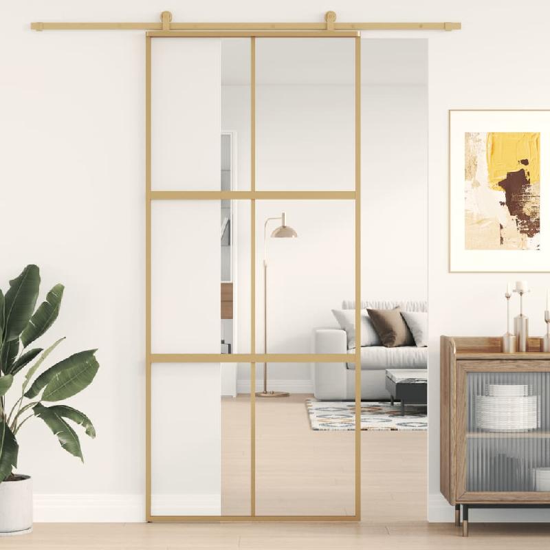 Vidaxl porte coulissante doré 90x205 cm verre esg clair et aluminium 155155_0