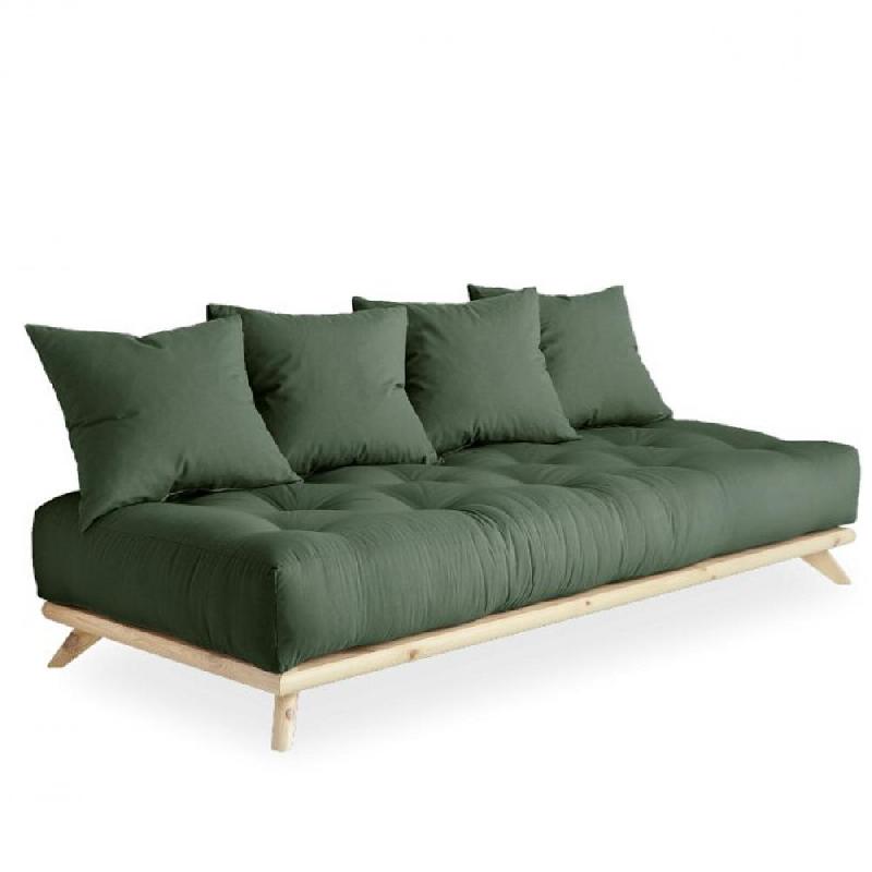 CANAPÉ CONVERTIBLE FUTON SENZA PIN NATUREL COLORIS VERT OLIVE COUCHAGE 90 CM._0
