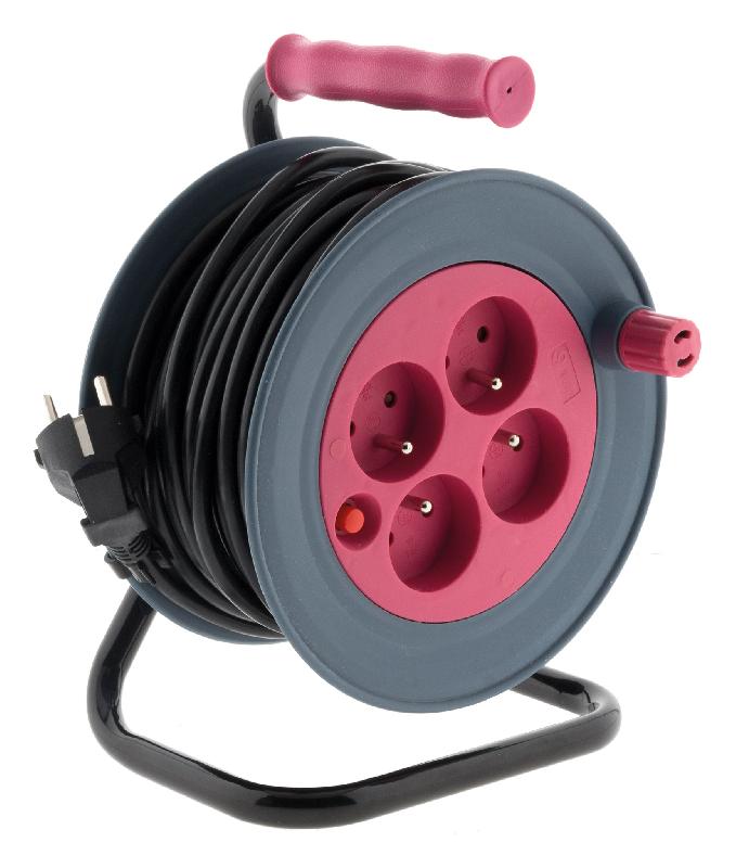 Enrouleur ménager 15m 3G1 mm² - Rose - 4 prises 2P+T - Zenitech_0