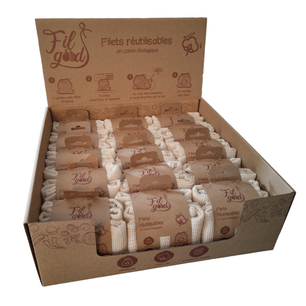 15 packs de 3 filets réutilisables en coton biologique - 35x35 cm - Boîte prête à vendre - Aptes au contact alimentaire_0