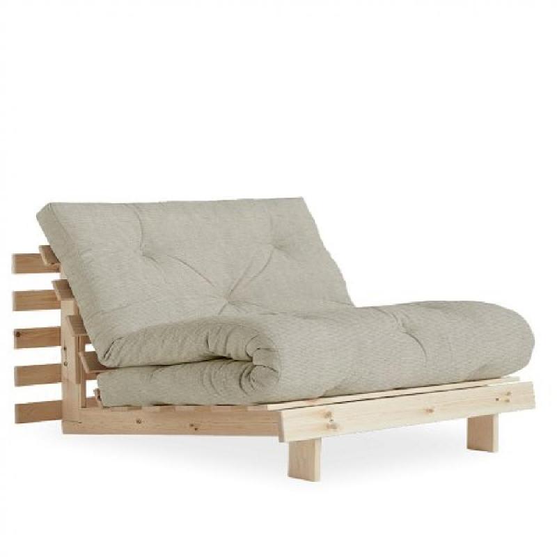 FAUTEUIL CONVERTIBLE FUTON ROOTS PIN NATUREL TISSU LIN COUCHAGE 90 X 200 CM._0