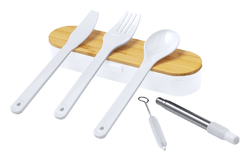 Set de couverts - 5 pièces en plastique PP dans une boîte en bambou avec paille pliable et brosse de nettoyage_0