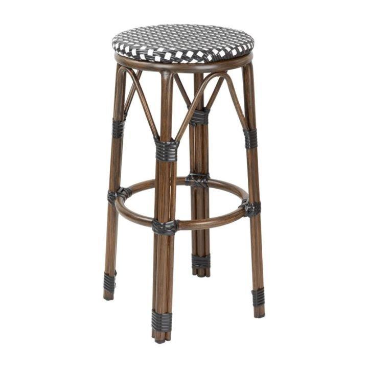​​​​​​​​​​​​​​​​​​​​​Lot de 2 tabourets de bar empilables, motifs chevrons, structure en aluminium finition bois foncé, assise r_0