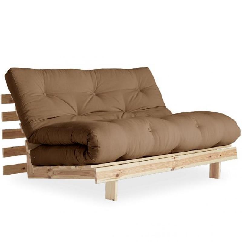 CANAPÉ CONVERTIBLE FUTON ROOTS PIN NATUREL TISSU MOCCA COUCHAGE 160*200 CM_0
